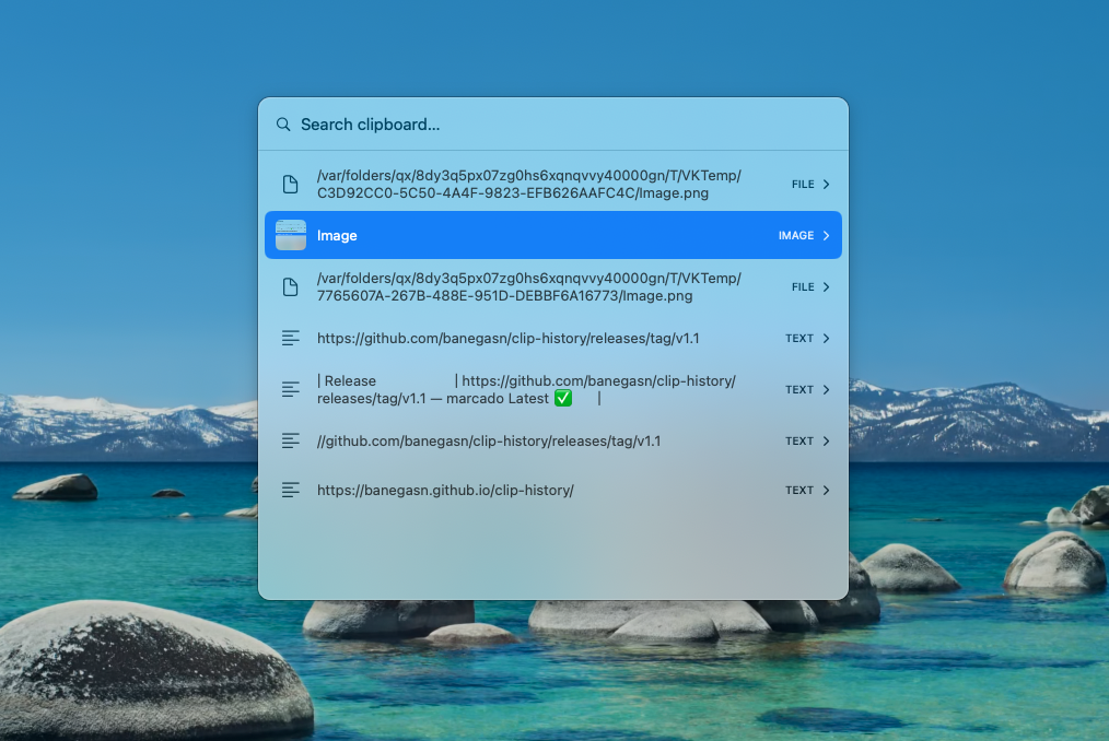 ClipHistory panel — searchable clipboard history showing text and image entries floating over the desktop
